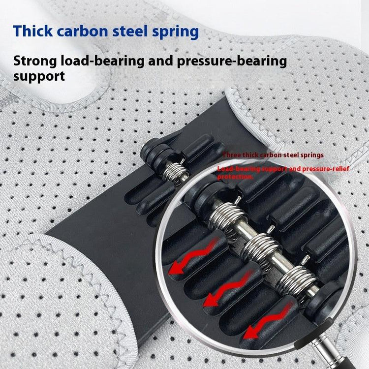 Close-up of grey perforated clothing material with thick carbon steel spring support, ergonomic fit.