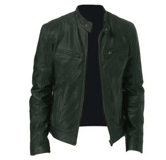 Men's black faux leather biker jacket with slim fit and zippered pockets