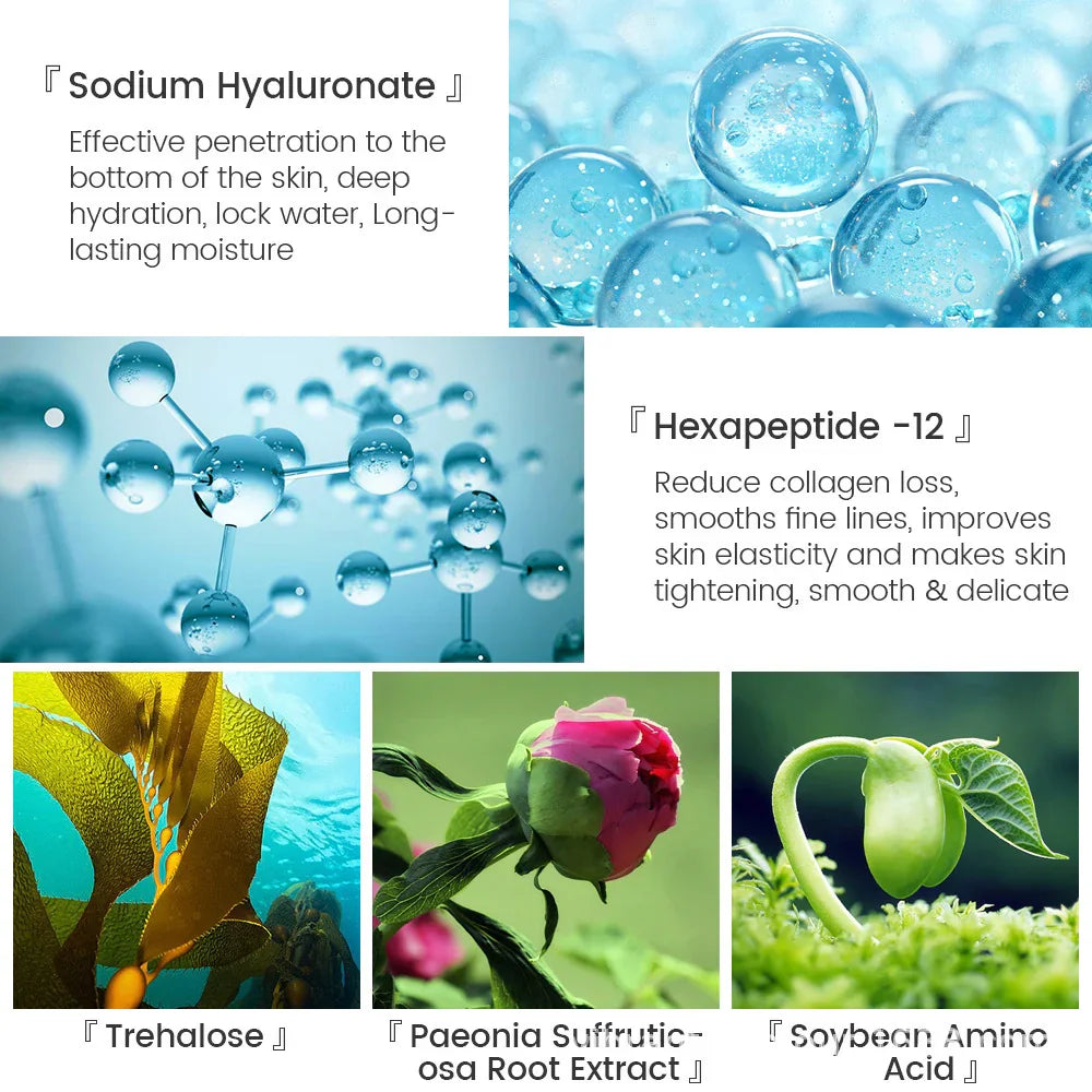 Collage showing sodium hyaluronate, hexapeptide-12, trehalose, peony root extract, and soybean amino acid with illustrations and text highlighting their hydrating, anti-aging, and skin-nourishing properties.