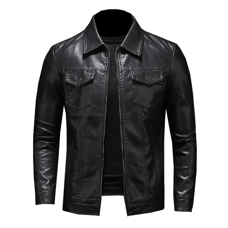Men's black faux leather jacket with button chest pockets, slim fit, and classic collar