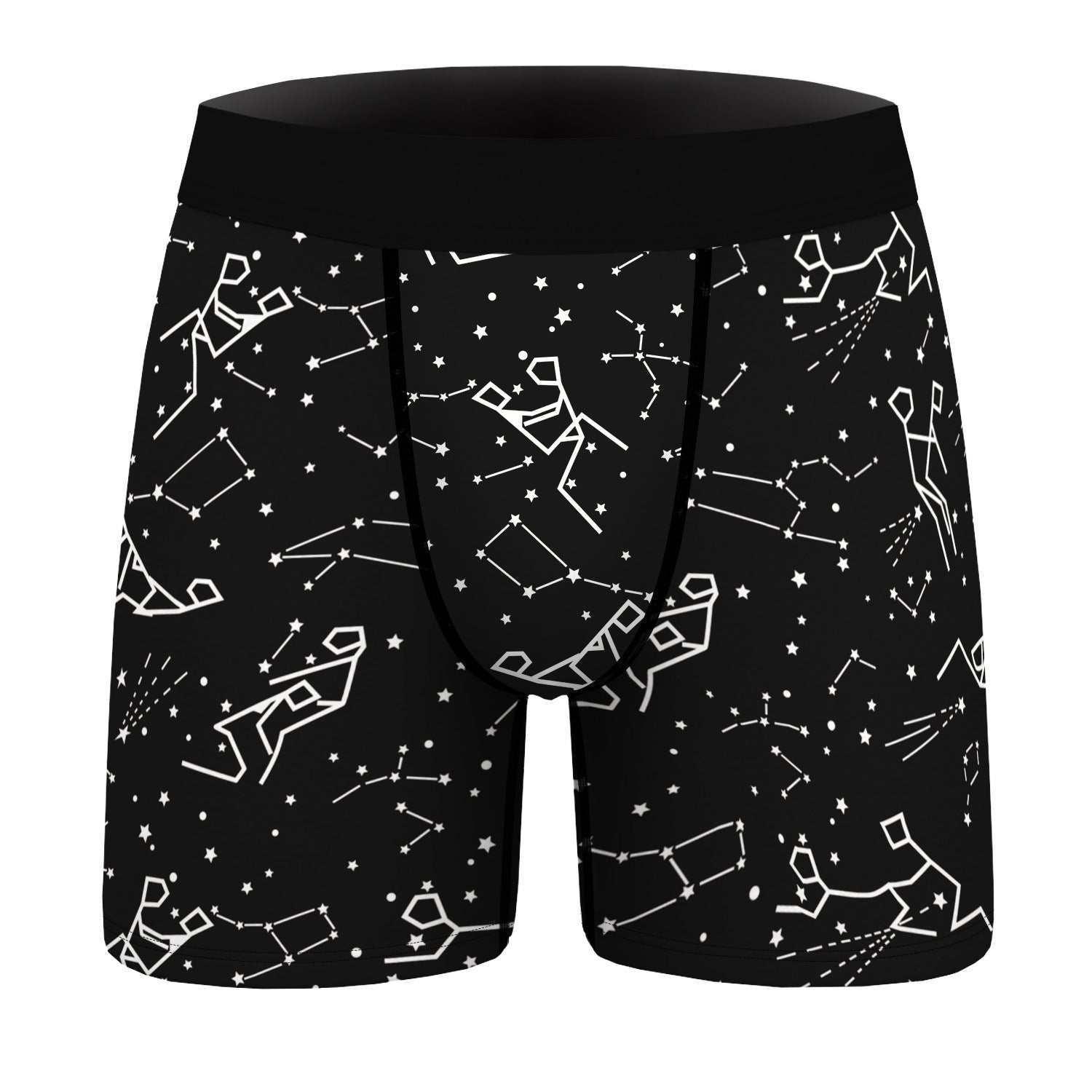 Black boxer briefs with white constellation print, stretchy fabric, fitted silhouette