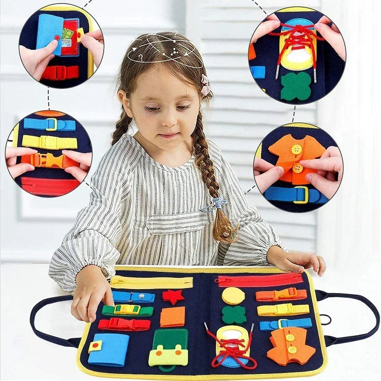 Child in striped long-sleeve dress with loose fit, engaging with colorful felt activity board.