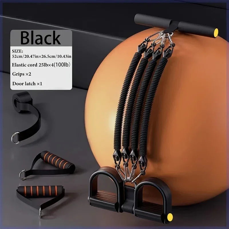 Black resistance bands set with foam handles, ankle straps, and door latch for home workouts.