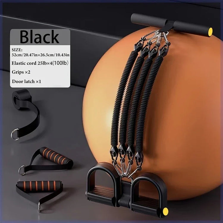 Black resistance bands set with foam handles, ankle straps, and door latch for home workouts.