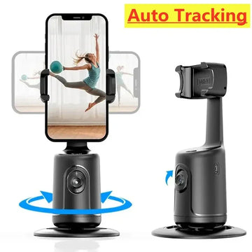 Auto tracking phone mount with black finish, adjustable holder, and 360-degree rotation for hands-free video recording.