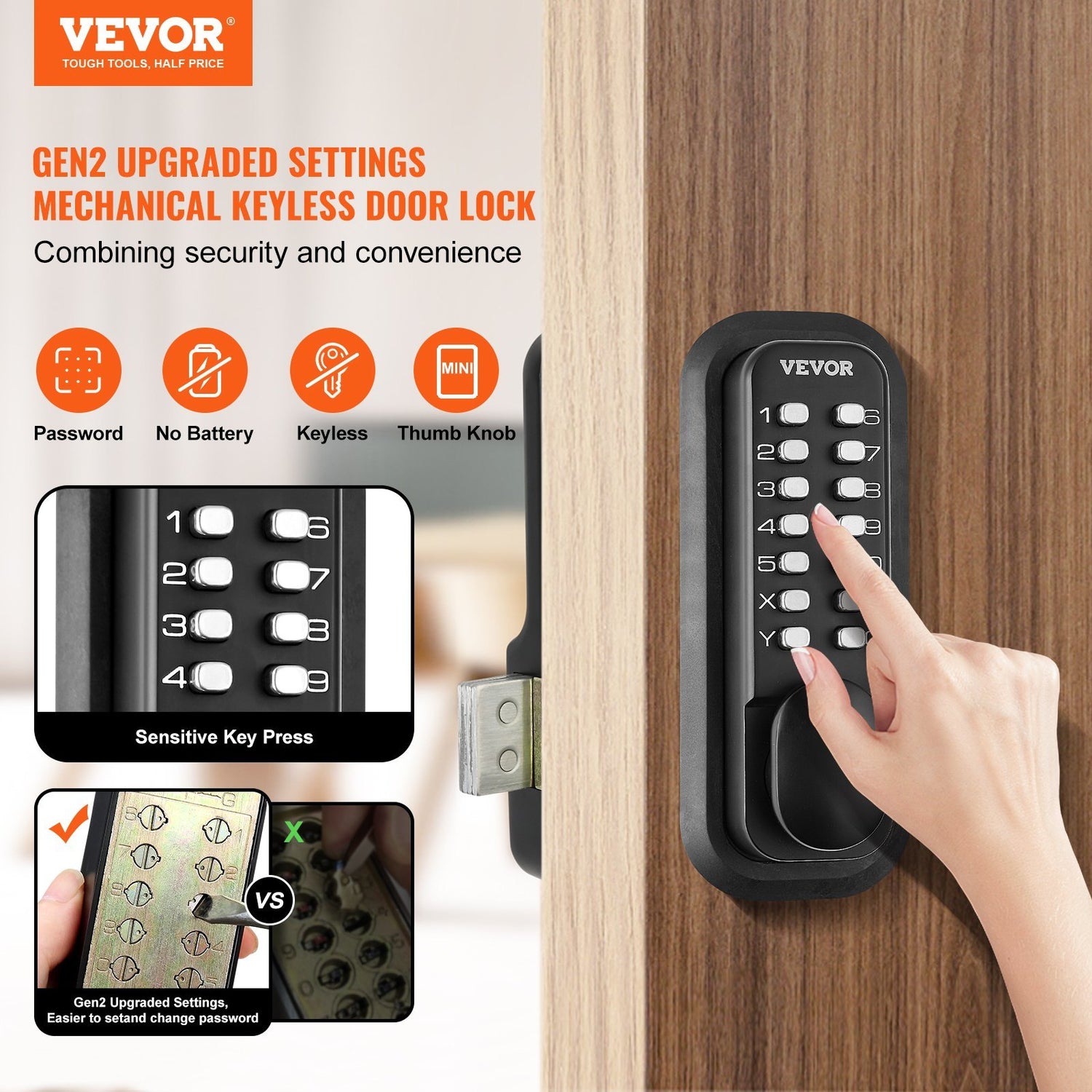 Person operating black mechanical keyless door lock with push buttons on wooden door