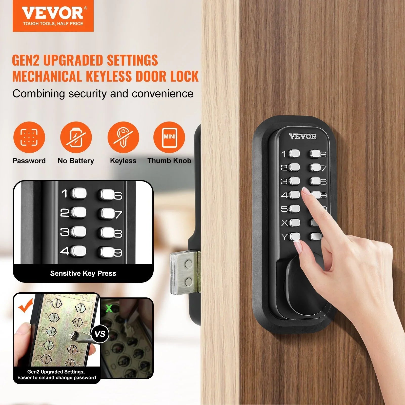 Person operating black mechanical keyless door lock with push buttons on wooden door