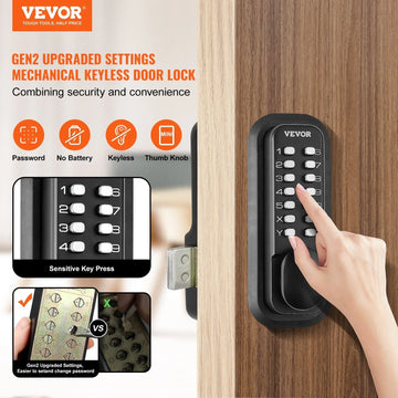 Person operating black mechanical keyless door lock with push buttons on wooden door