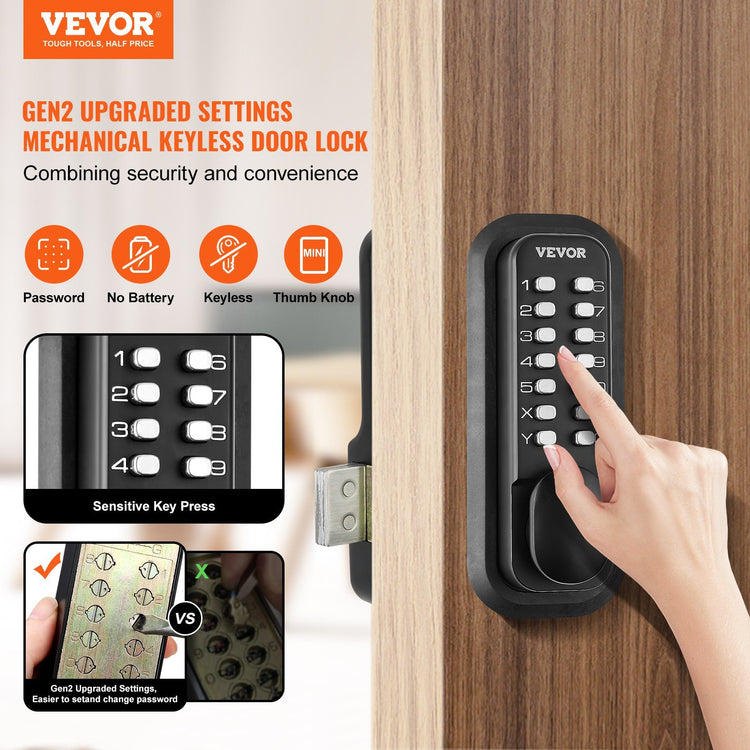 Person operating black mechanical keyless door lock with push buttons on wooden door