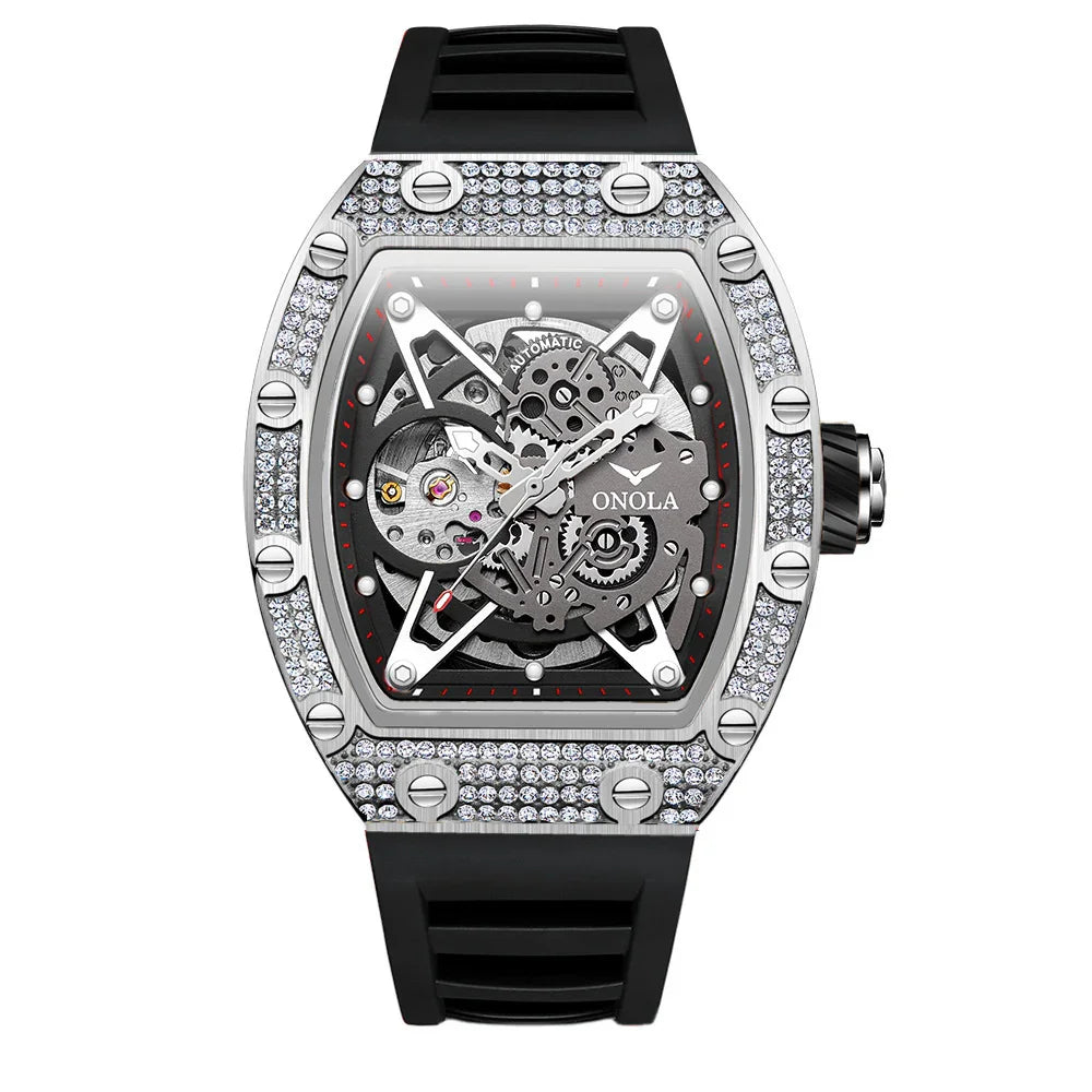 Skeleton dial luxury wristwatch with silver case, crystal accents, and black rubber strap