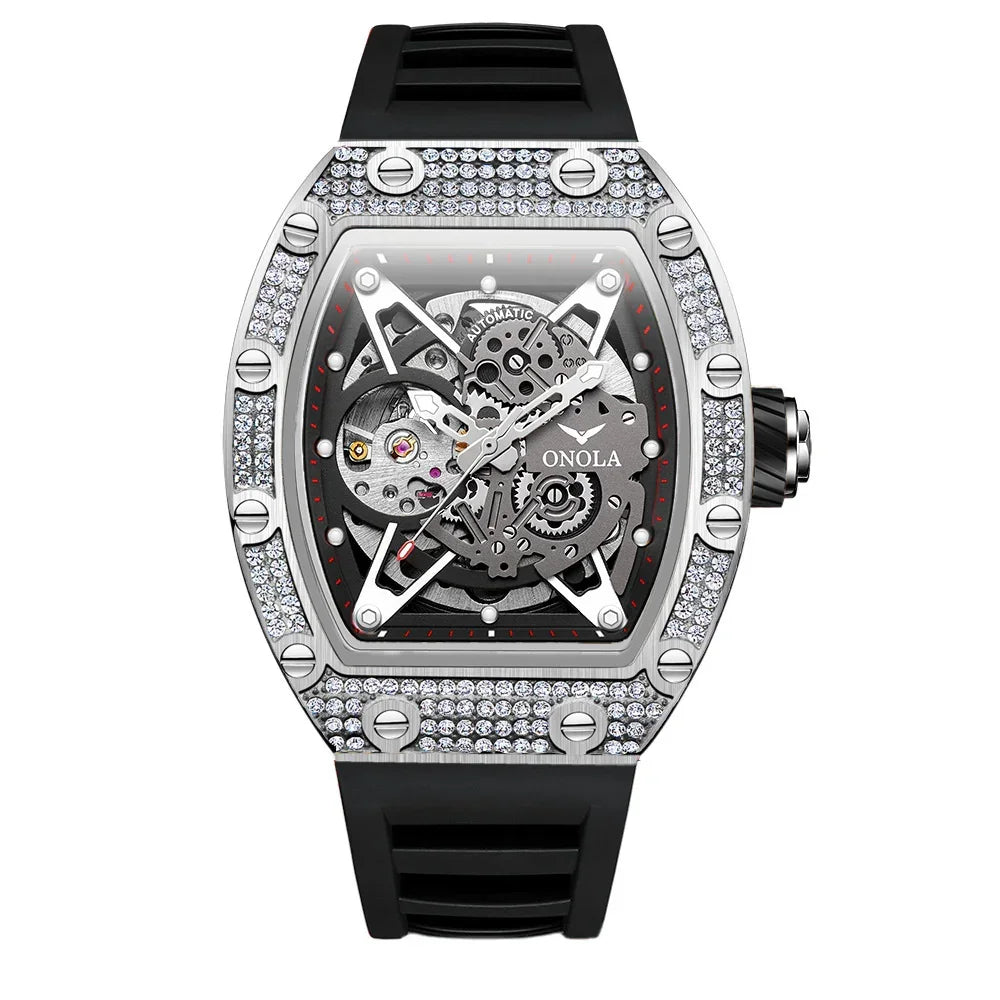 Skeleton dial luxury wristwatch with silver case, crystal accents, and black rubber strap