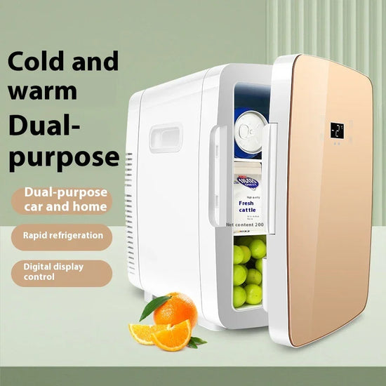 Compact white and gold mini fridge with digital display, storing drinks and fruit, on countertop.