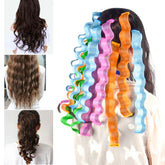 Woman using colorful mesh hair curlers to create loose and wavy hairstyle, medium fit