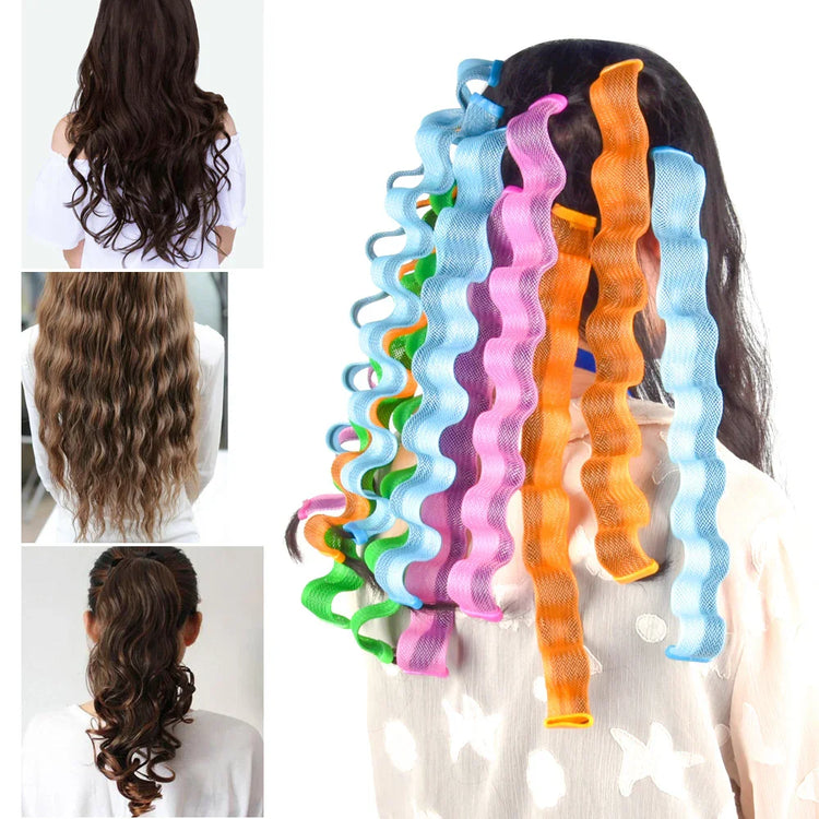 Woman using colorful mesh hair curlers to create loose and wavy hairstyle, medium fit