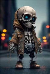 Animated skeleton figure wearing a brown hooded jacket, distressed pants, and streetwear sneakers.