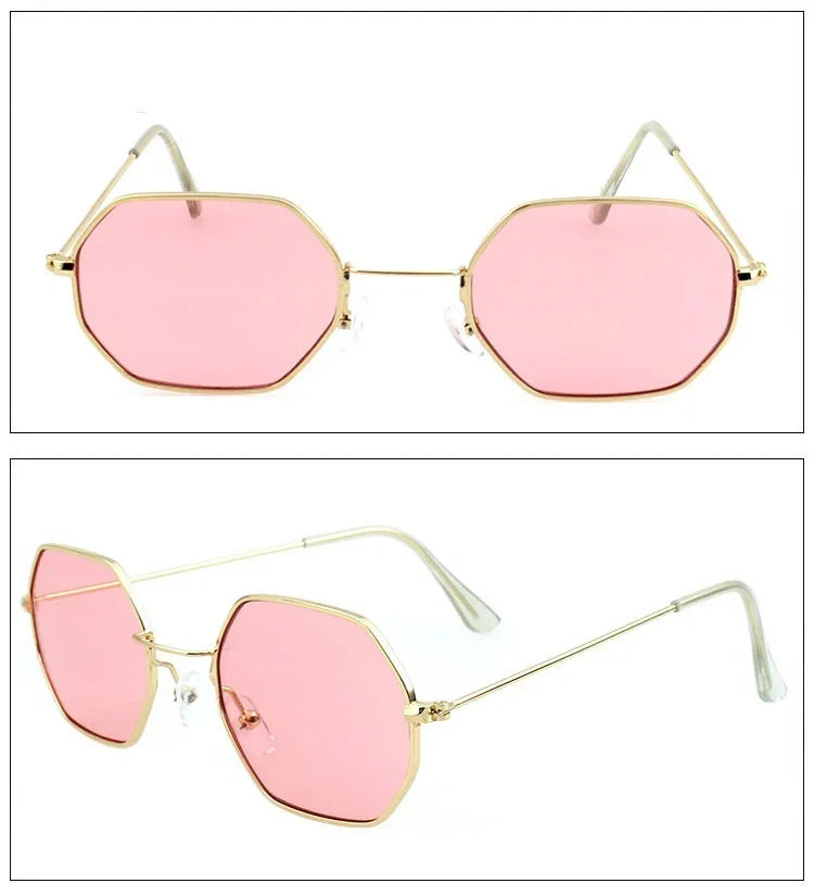 Octagon pink lens sunglasses with gold metal frame, oversized, modern streetwear style.