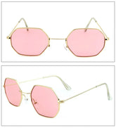 Octagon pink lens sunglasses with gold metal frame, oversized, modern streetwear style.