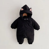 Black baby jumpsuit with cat ears hood, puffy material, full zipper and relaxed fit