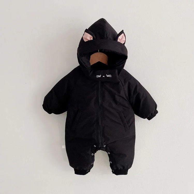 Black baby jumpsuit with cat ears hood, puffy material, full zipper and relaxed fit