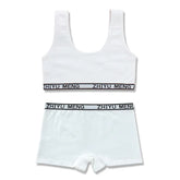 White cotton sports bra and boxer shorts set with black elastic waistband and logo
