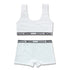 White cotton sports bra and boxer shorts set with black elastic waistband and logo