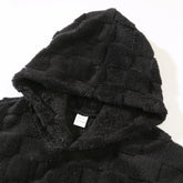 Black plush fleece hooded jacket with grid texture, relaxed fit, cozy streetwear style