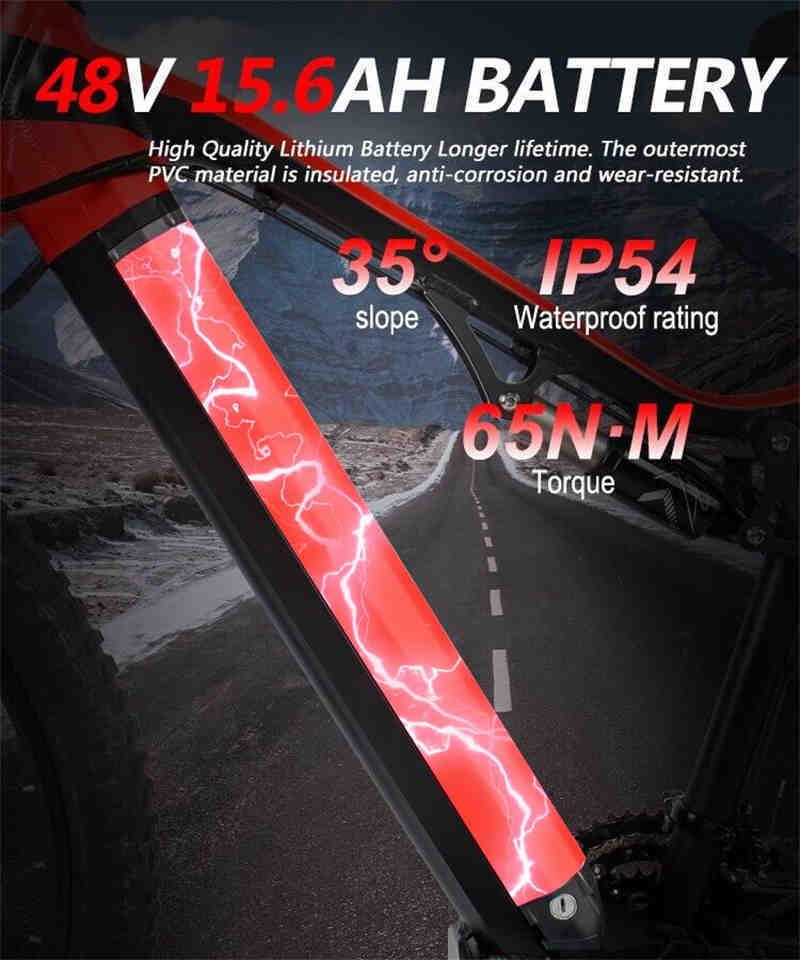 Close-up of an electric bike battery with red lightning graphic, highlighting battery specifications and waterproof rating.