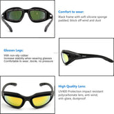 Black padded wraparound sunglasses with yellow mirrored UV400 polycarbonate lenses and non-slip rubber arms.