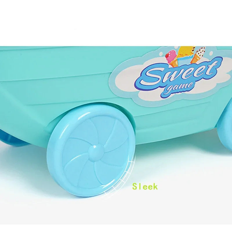 Close-up of a light blue plastic toy cart with smooth wheels and a &