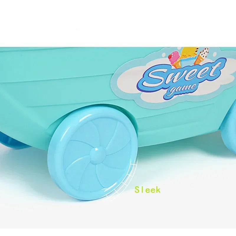 Close-up of a light blue plastic toy cart with smooth wheels and a 'Sweet game' label.