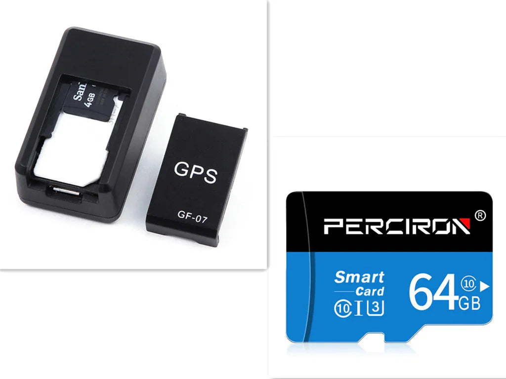 Compact black GPS tracker device with removable cover and 64GB microSD card.