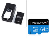 Compact black GPS tracker device with removable cover and 64GB microSD card.