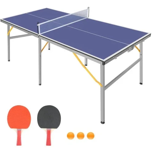Folding blue table tennis table with metal legs, two paddles, and three orange balls