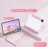 Pink tablet case with detachable keyboard, 360-degree rotation, and hidden pen tray