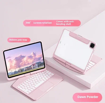 Pink tablet case with detachable keyboard, 360-degree rotation, and hidden pen tray