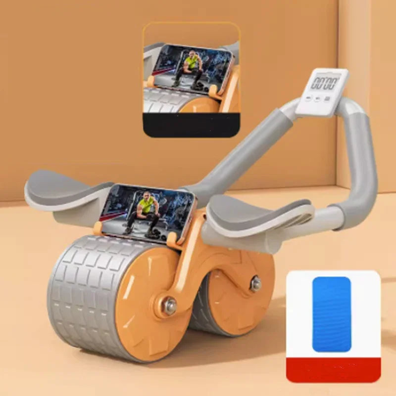 Dual-wheel ab roller with digital display and phone holder, gray and orange fitness equipment.