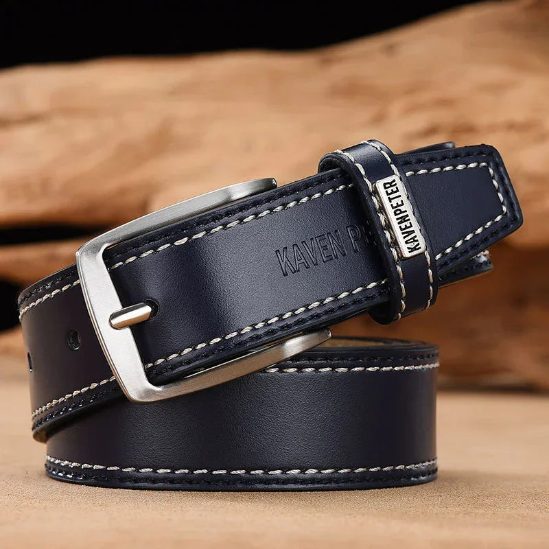 Navy blue leather belt with contrast stitching and silver buckle, classic fit accessory
