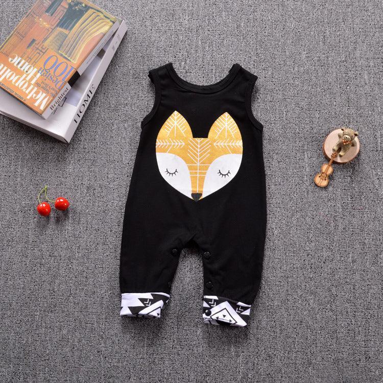 Black sleeveless baby romper with yellow fox print and white geometric pattern cuffs