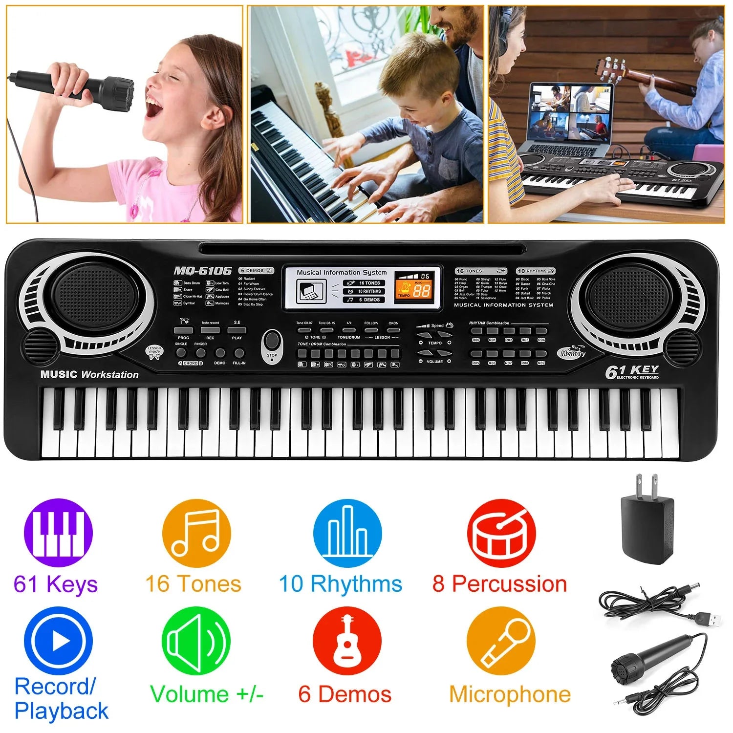 Black 61-key digital keyboard set with microphone, USB cable, and power adapter, featuring multiple tones and rhythms, displayed with children playing and singing.