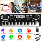 Black 61-key digital keyboard set with microphone, USB cable, and power adapter, featuring multiple tones and rhythms, displayed with children playing and singing.