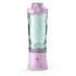 Portable pink blender with clear container, plastic body, and power button, isolated on white