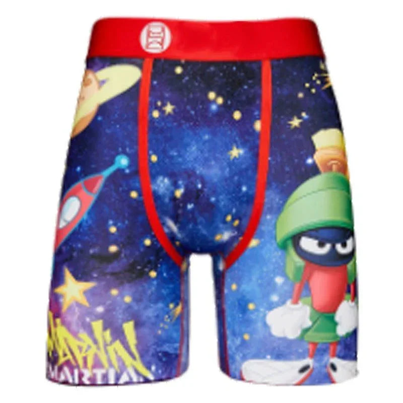Men's fitted boxer briefs with colorful galaxy print, featuring red waistband and cartoon graphics.