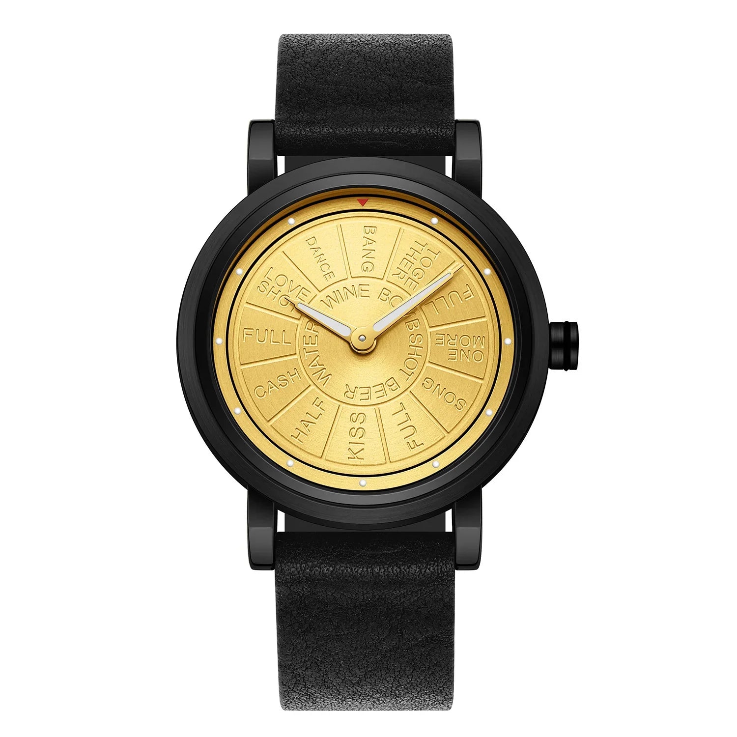 Modern black and gold wristwatch with engraved dial and black leather strap, minimalist style
