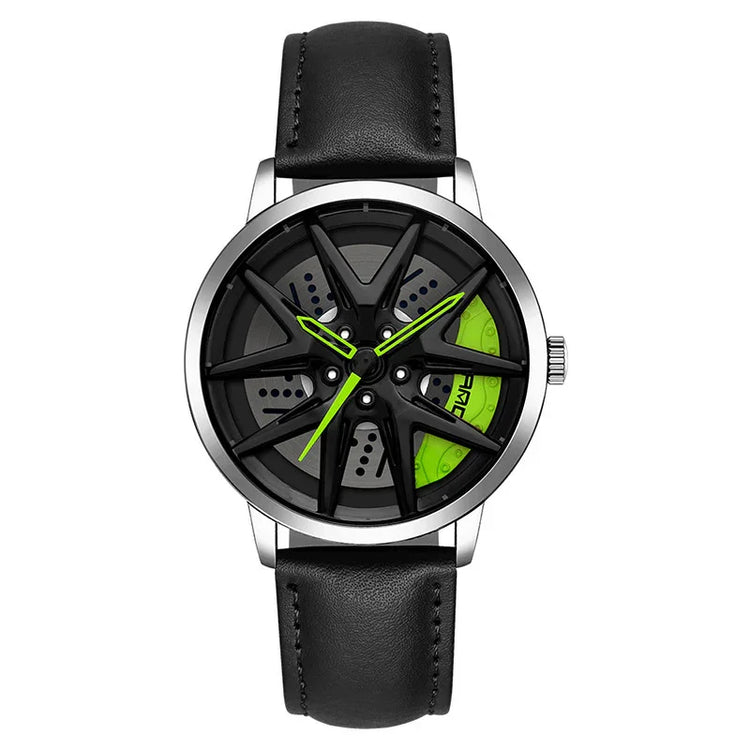 Men’s watch with black leather strap, silver case, and black dial with neon green accents