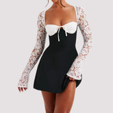 Black mini dress with white lace long sleeves and lace bust, slim fit, modern streetwear style