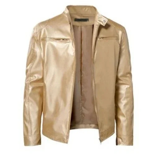 Gold faux leather jacket with slim fit, zip-up closure and chest pockets, modern streetwear style