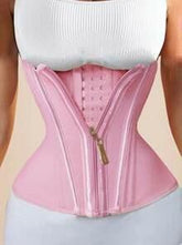 Pink satin waist trainer corset with zipper closure, fitted over white ribbed tank top