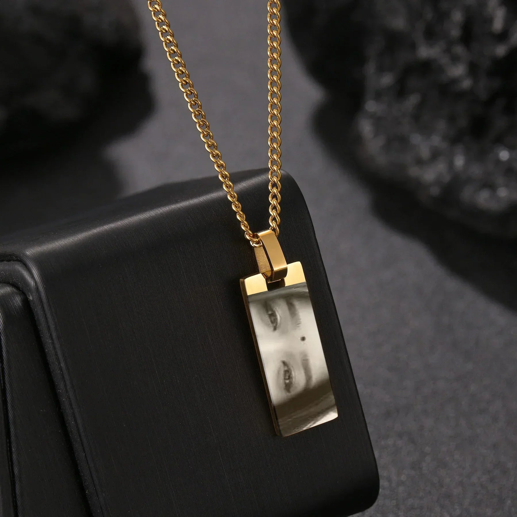 Gold rectangular pendant necklace with photo engraving, polished finish, modern style