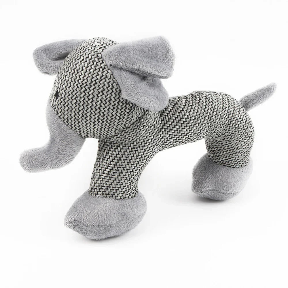 Plush elephant toy with grey herringbone fabric body and soft light grey accents