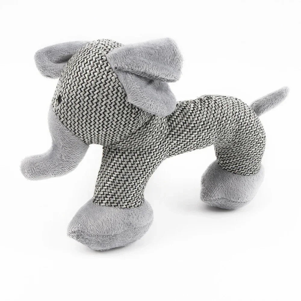 Plush elephant toy with grey herringbone fabric body and soft light grey accents